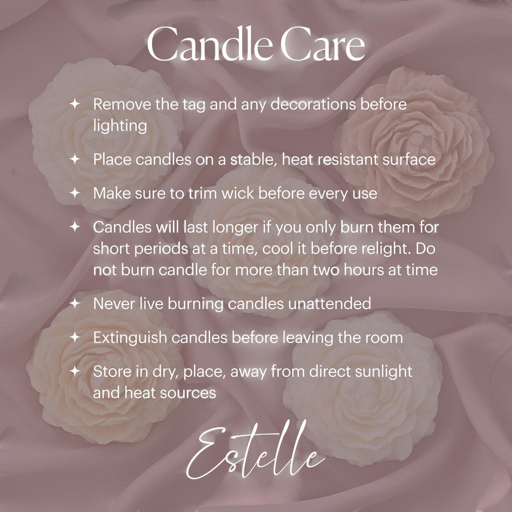 Oh Canada Gifts dandelion soy pillar candle care instructions on a soft pink background with floral wax accents.