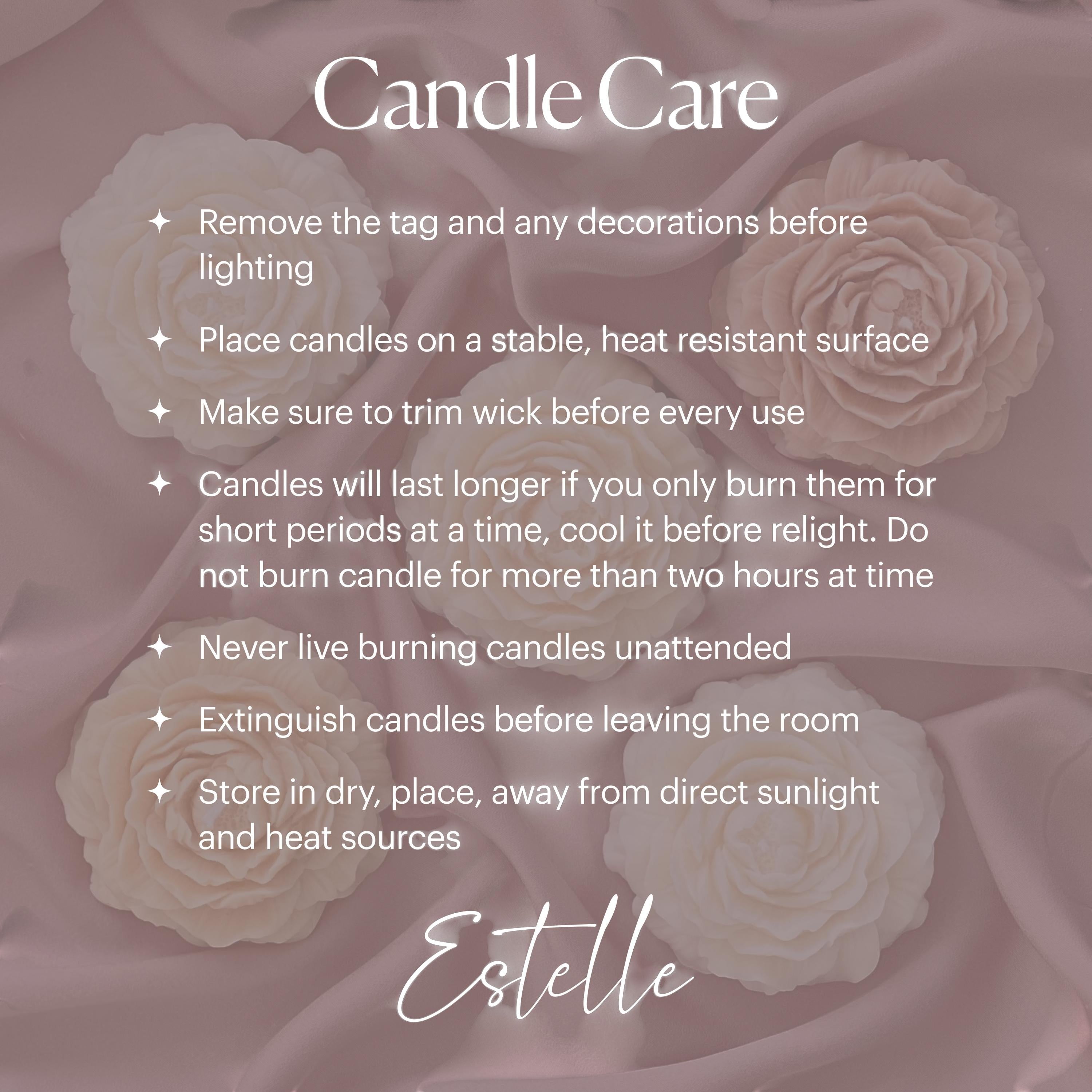 Oh Canada Gifts dandelion soy pillar candle care instructions on a soft pink background with floral wax accents.