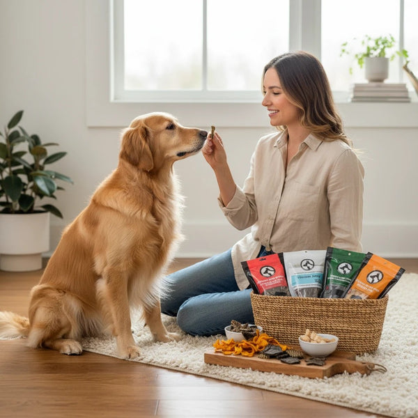 Oh Canada Gifts Charcuterie Treat Box with assorted Canadian-made dog treats and a golden retriever sitting with owner