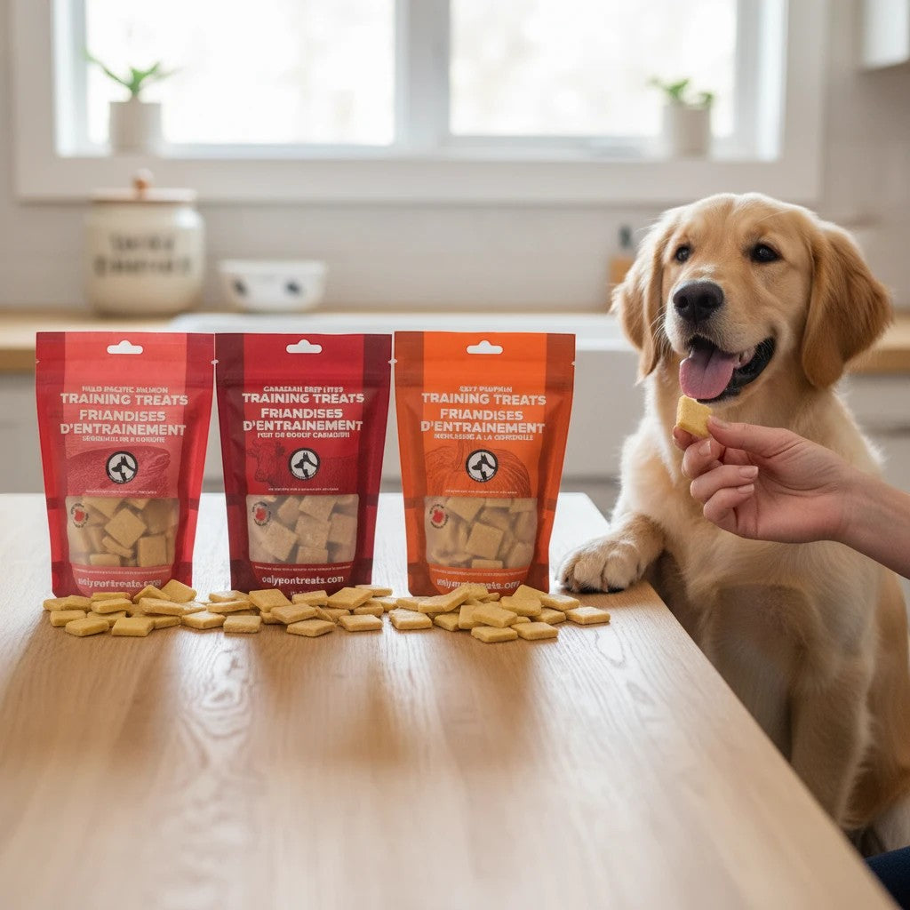 Oh Canada Gifts training treat box with three bags of Canadian-made dog treats and a golden retriever waiting for a snack