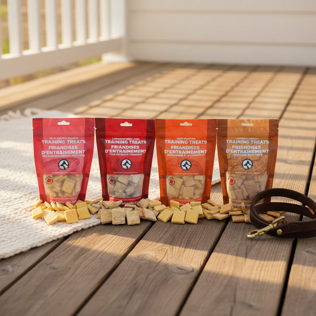 Oh Canada Gifts training treat variety box featuring four bags of Canadian-made soft dog treats on a wooden deck.