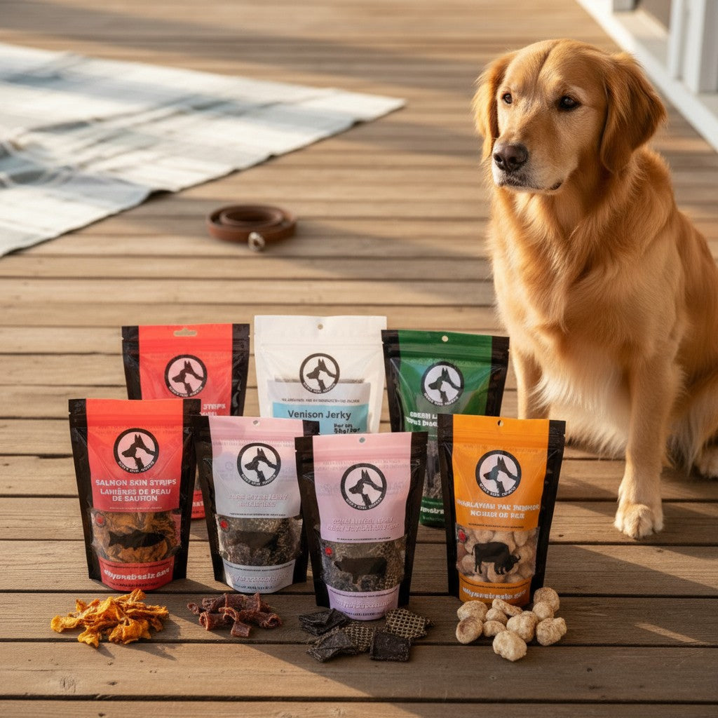 Oh Canada Gifts charcuterie treat box for dogs featuring assorted jerky and dried snacks with a golden retriever