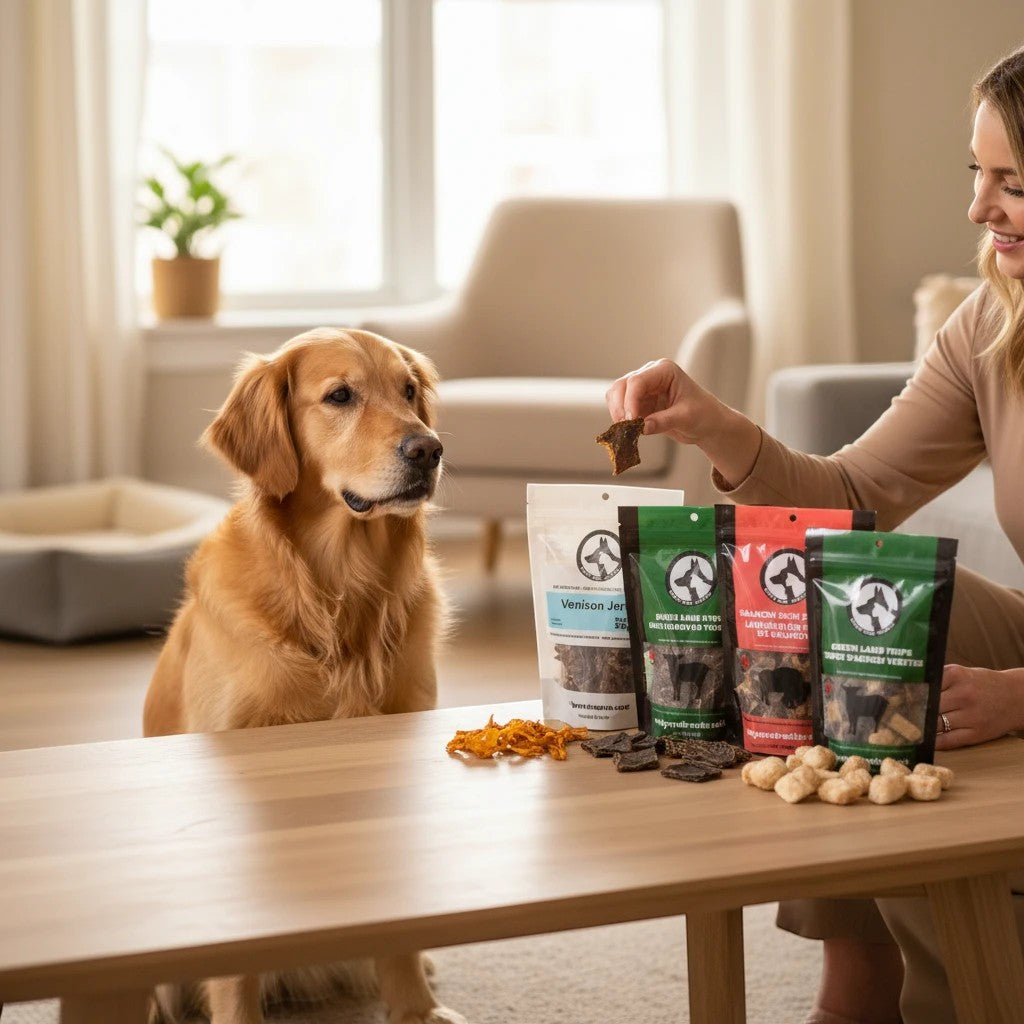 Oh Canada Gifts charcuterie treat box with assorted Canadian-made jerky and dried snacks for a golden retriever dog