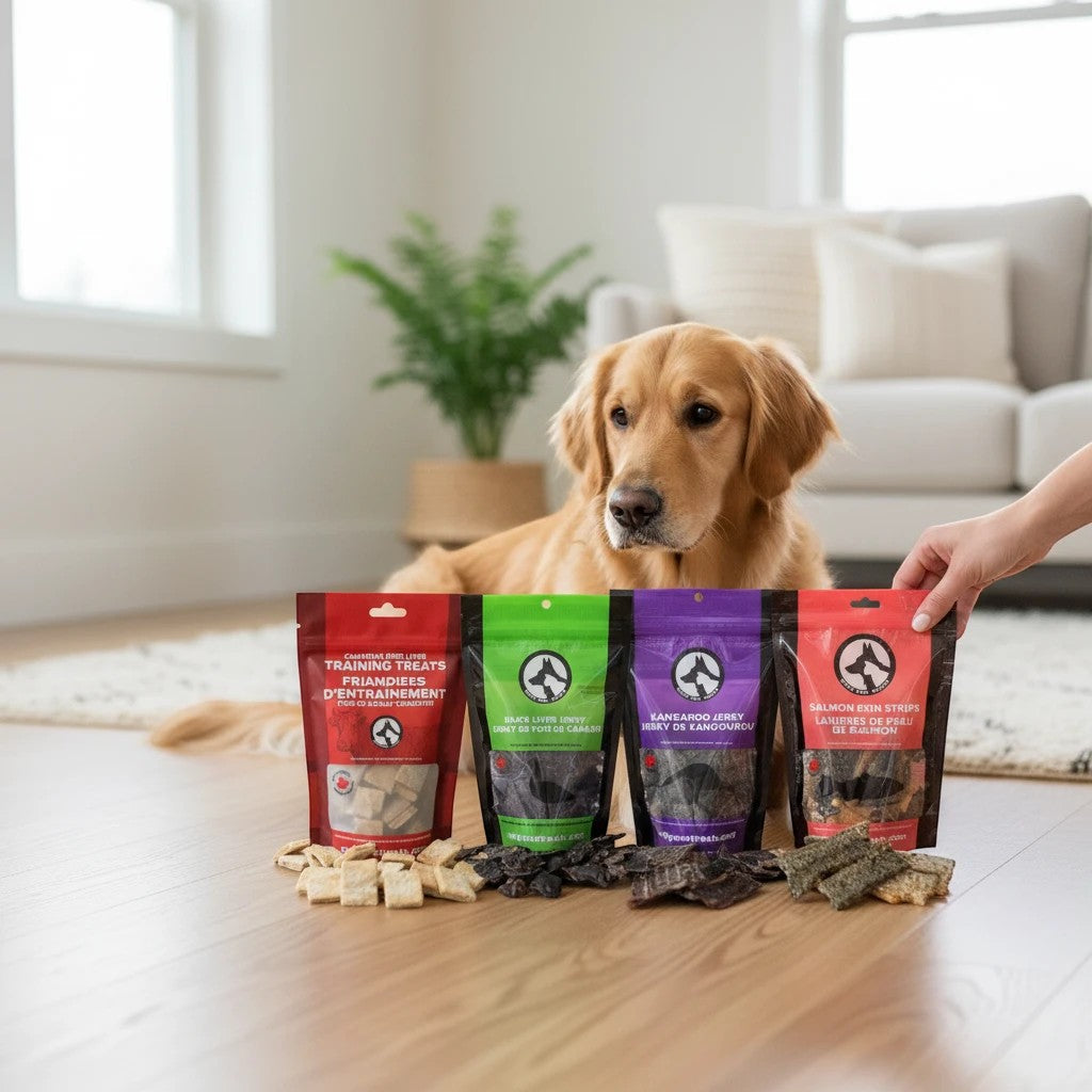Oh Canada Gifts From Our Kitchen Box featuring assorted Canadian-made dog treats with a golden retriever in the background