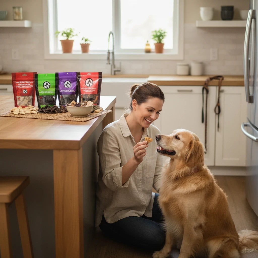 Oh Canada Gifts From Our Kitchen Box with assorted Canadian-made dog treats and a woman feeding her golden retriever.