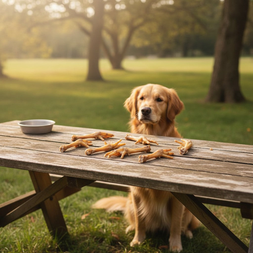 Oh Canada Gifts natural dried chicken feet dog chews arranged on a wooden picnic table with a Golden Retriever nearby.