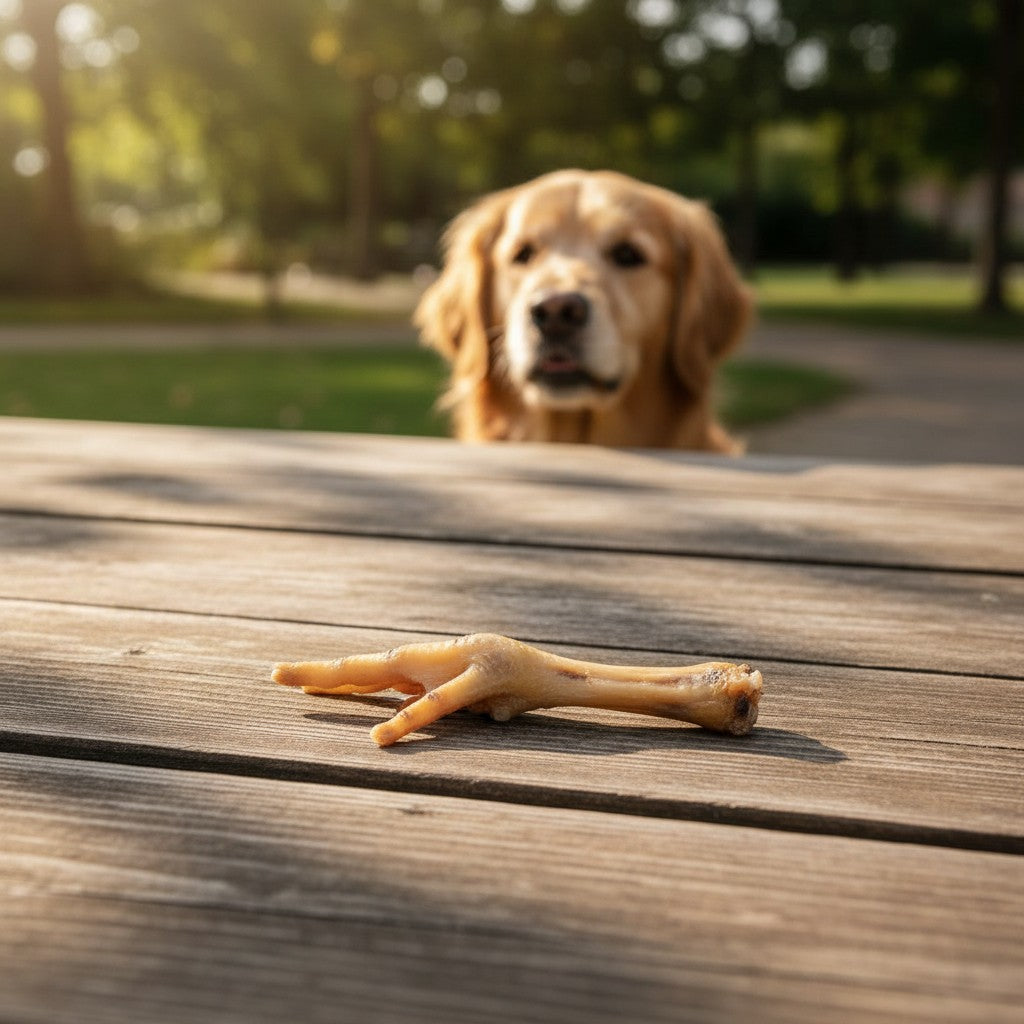 Oh Canada Gifts natural dried chicken foot dog chew on a wooden table with a golden retriever watching in the background