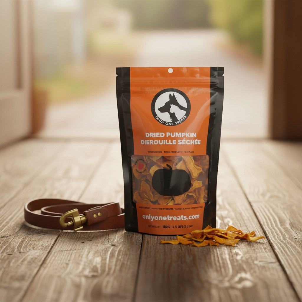 Oh Canada Gifts dried pumpkin slices in a black and orange pouch with a leather leash on a wooden floor
