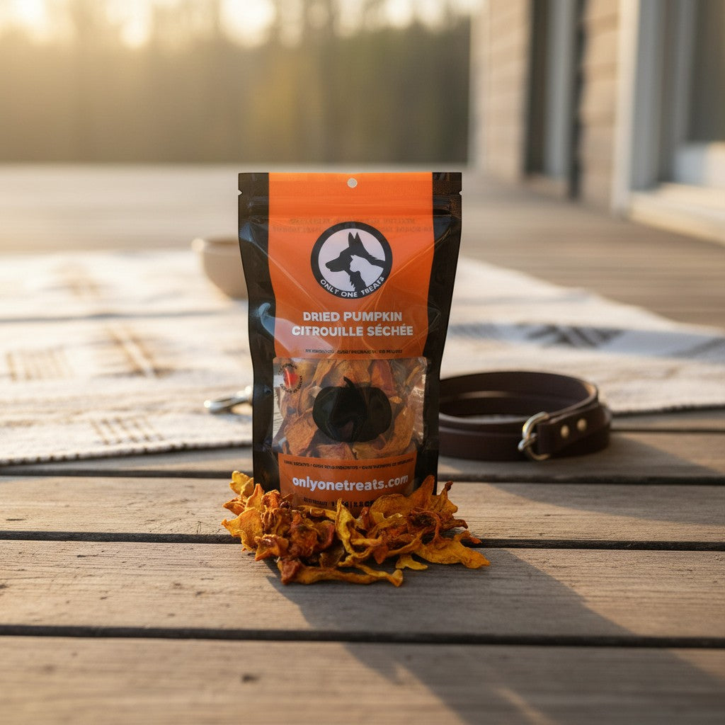 Oh Canada Gifts dried pumpkin slices in a resealable bag, a crunchy, single-ingredient grain-free pet treat.