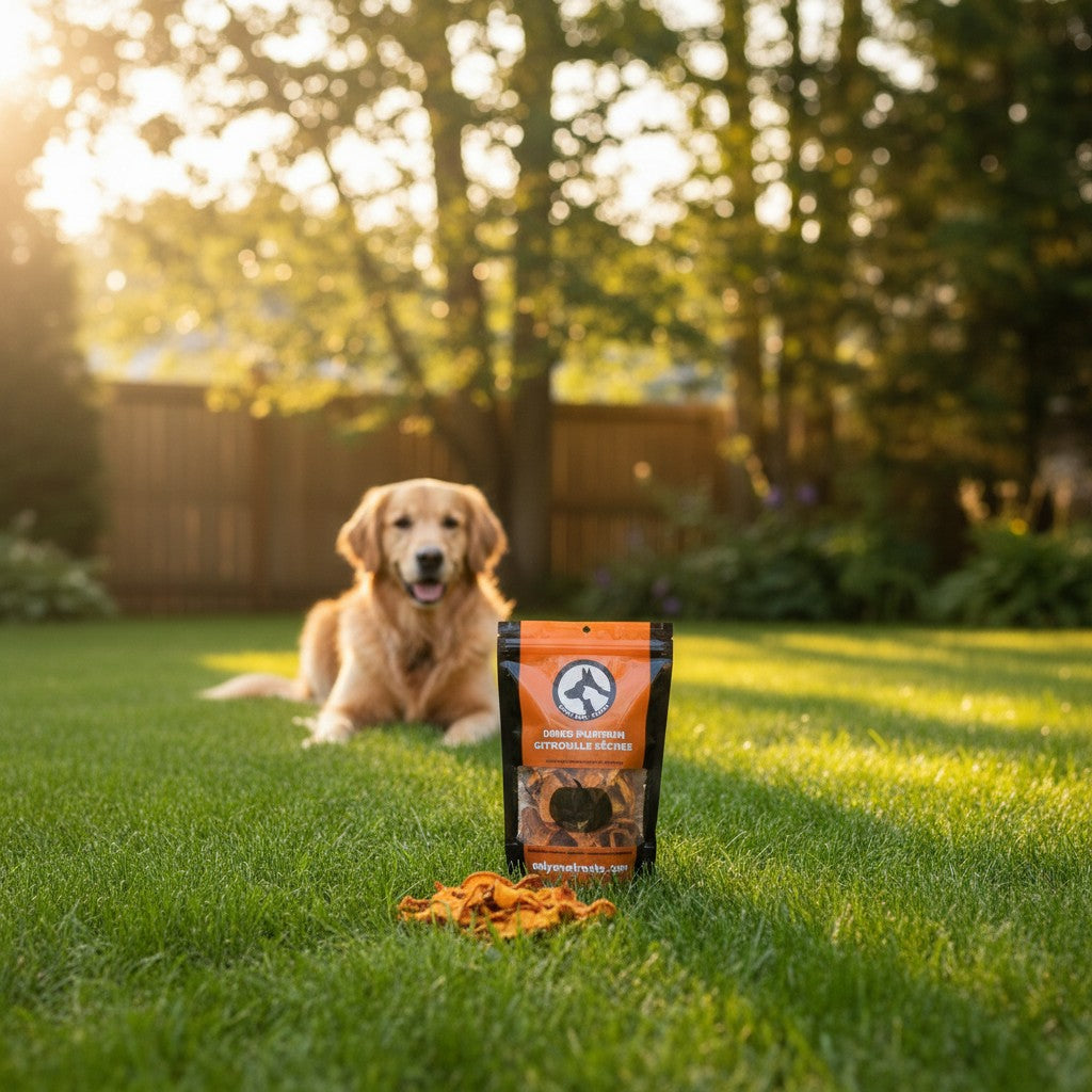 Oh Canada Gifts dried pumpkin slices dog treat bag on grass with a golden retriever in the background