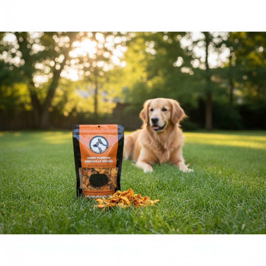 Oh Canada Gifts dried pumpkin slices pet treat bag on grass with a golden retriever in the background