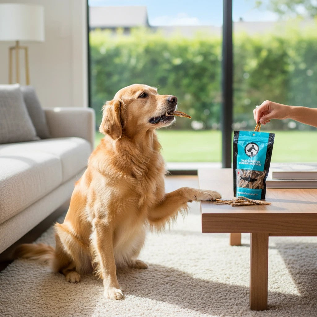 Oh Canada Gifts dried sardine treat being fed to a golden retriever in a bright, modern living room