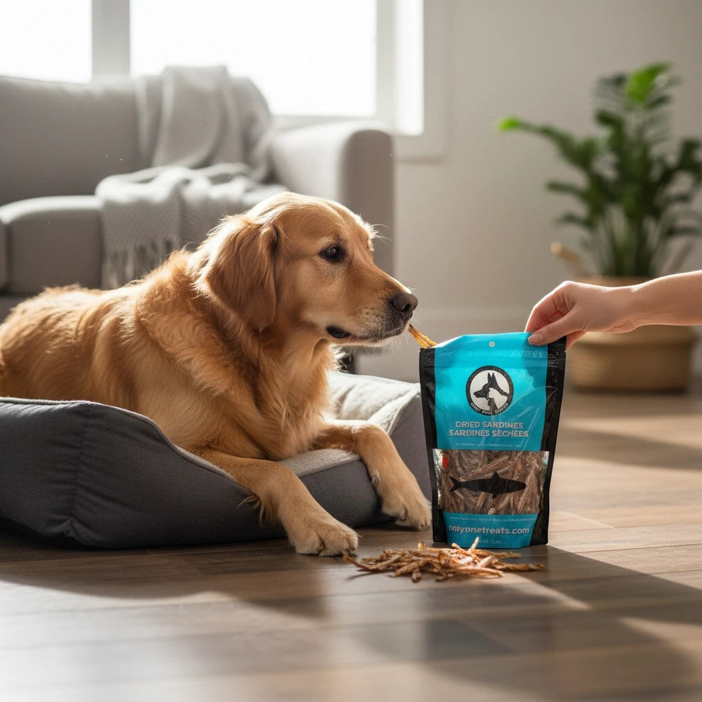 Oh Canada Gifts dried sardine dog treats being fed to a golden retriever resting on a grey pet bed
