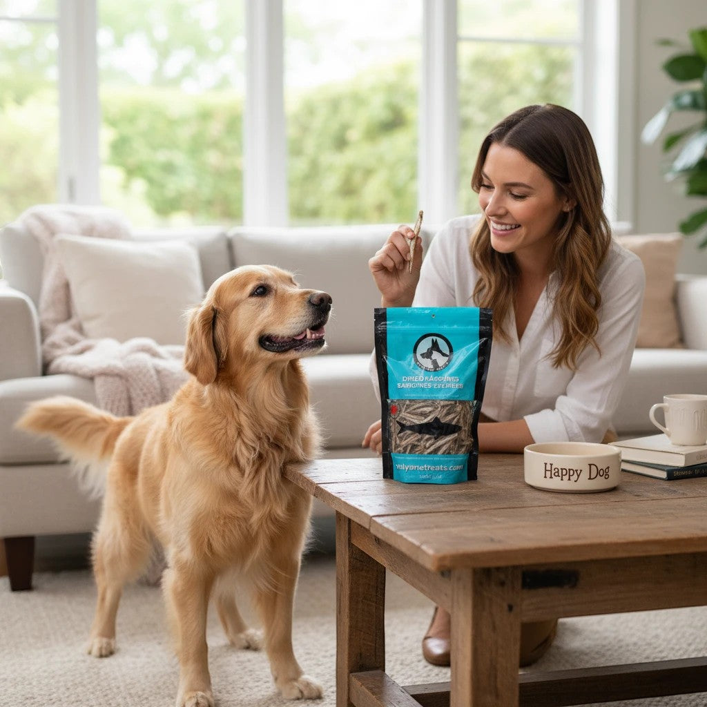 Oh Canada Gifts dried sardine treats being fed to a golden retriever by a smiling woman in a bright living room