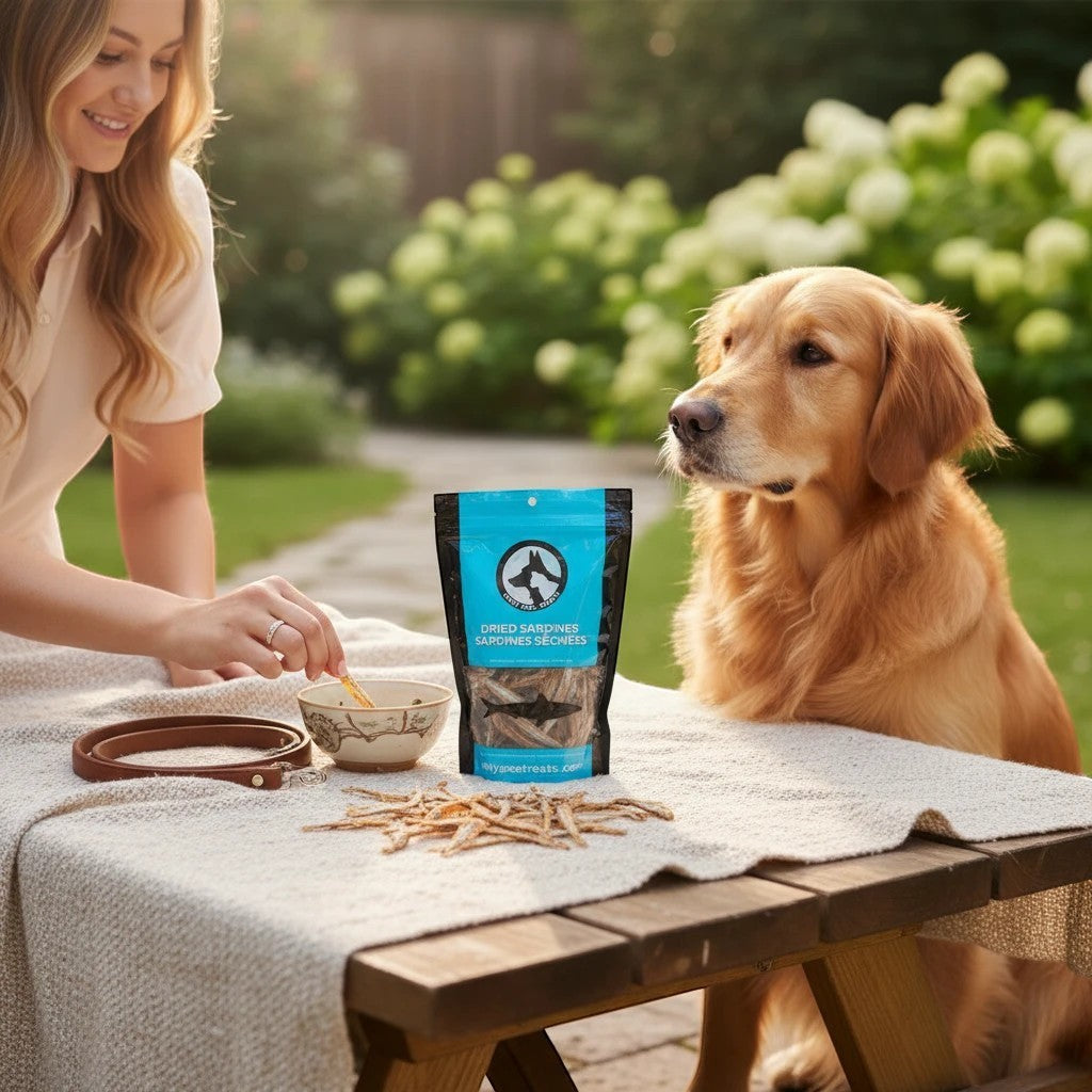Oh Canada Gifts dried sardine pet treats in a bag on a table with a woman feeding a golden retriever in a garden