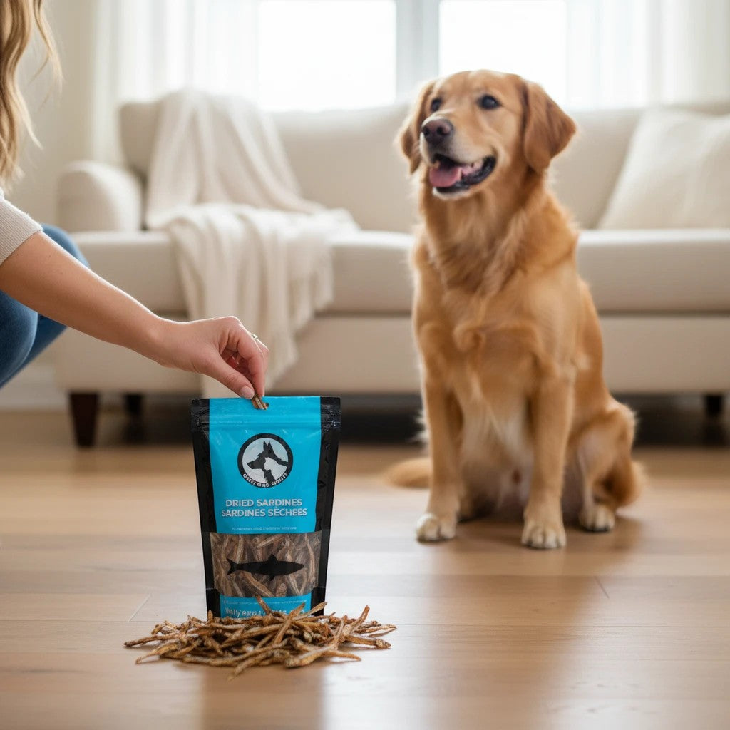 Oh Canada Gifts dried sardine treats for dogs and cats in a blue pouch with a golden retriever waiting in the background