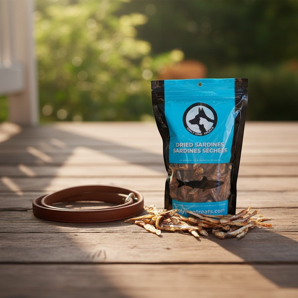 Oh Canada Gifts dried sardine pet treats in a blue bag with loose fish on a wooden deck next to a leather leash