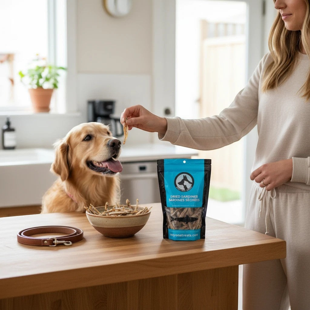 Oh Canada Gifts dried sardine pet treats in a bag and bowl with a Golden Retriever waiting for a snack in a kitchen.
