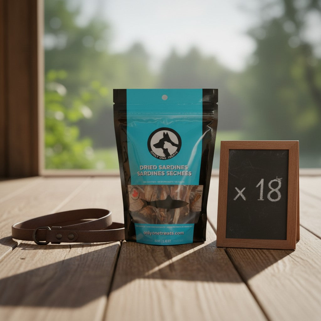 Oh Canada Gifts bulk case of 18 dried sardine pet treats in a blue and black pouch on a wooden deck with a leash.