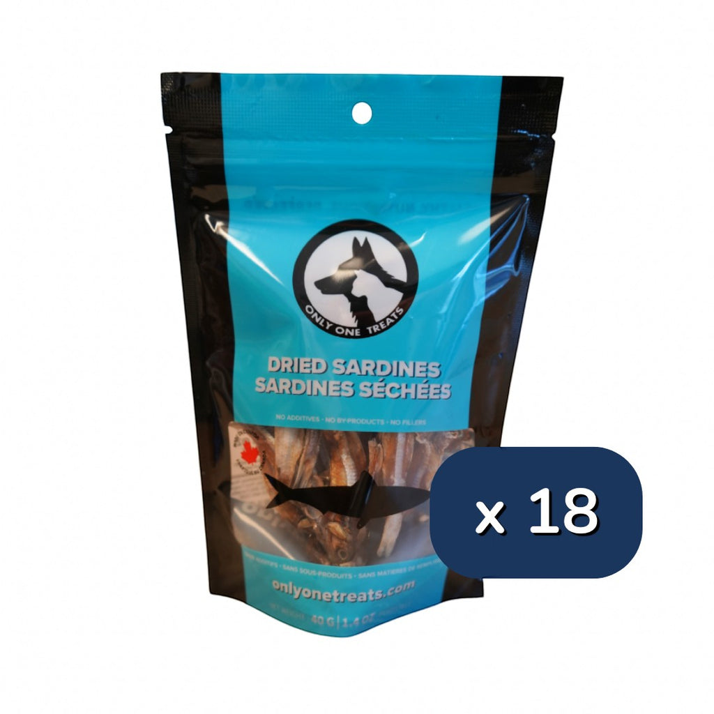 Oh Canada Gifts bulk case of 18 bags of natural dried sardine pet treats for dogs and cats