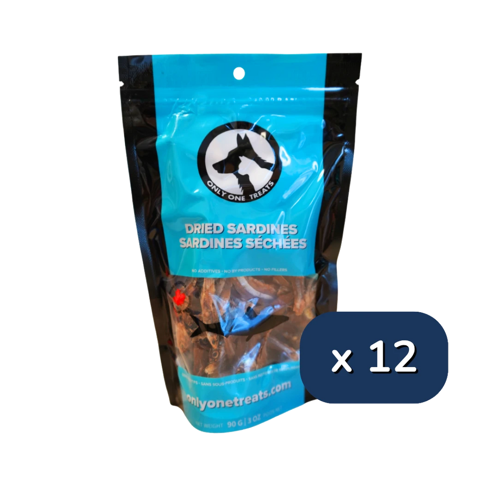 Oh Canada Gifts bulk case of 12 bags of single-ingredient dried sardine pet treats for dogs and cats