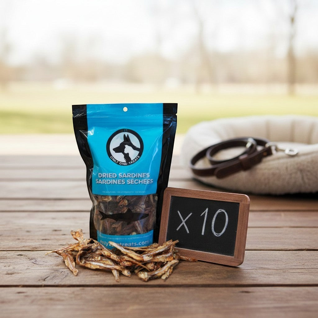 Oh Canada Gifts bulk case of 10 bags of natural dried sardine pet treats on a wooden surface with a chalkboard sign.