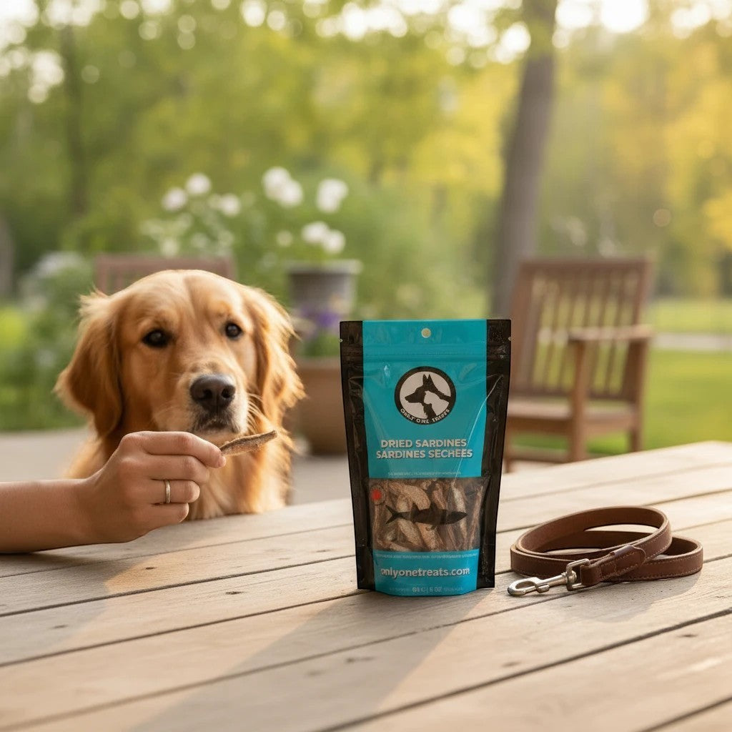 Oh Canada Gifts dried sardine dog and cat treats in a pouch on a wooden table with a golden retriever in the background