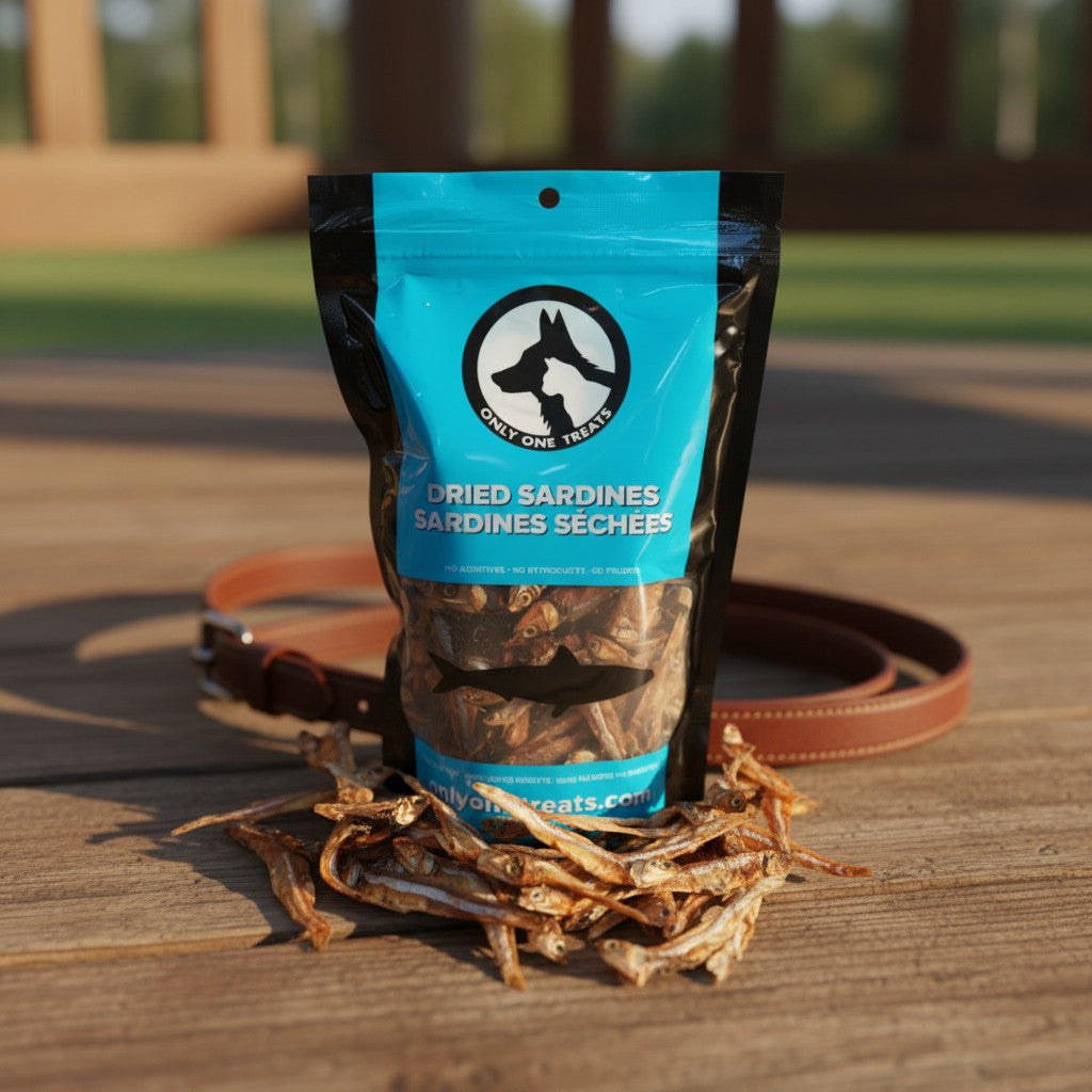 Oh Canada Gifts dried sardine treats for dogs and cats in a blue resealable pouch on a wooden surface.