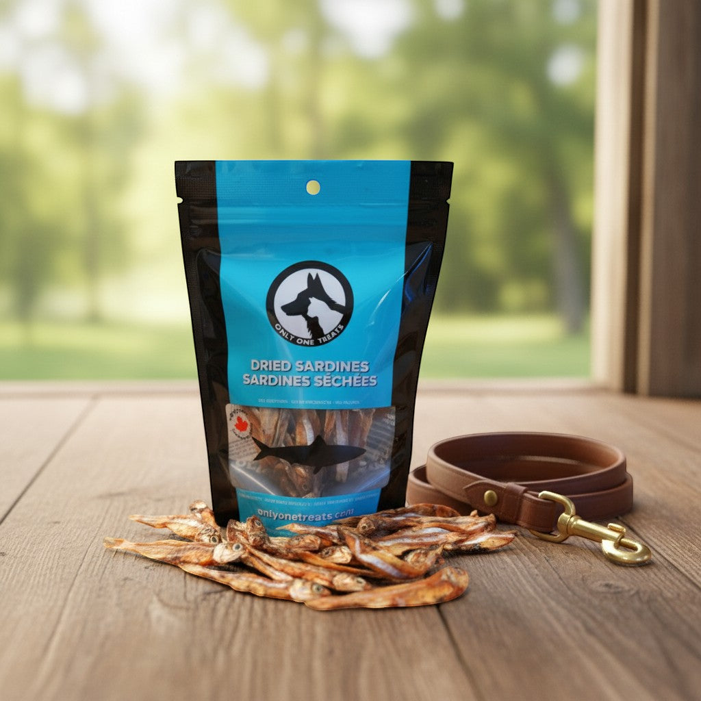 Oh Canada Gifts dried sardine dog and cat treats in a blue pouch with a leather leash on a wooden surface