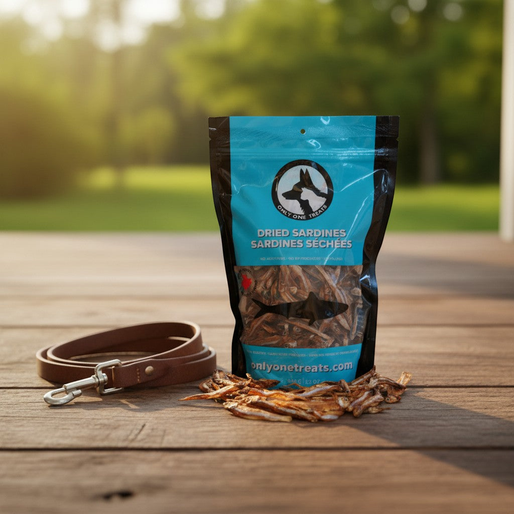 Oh Canada Gifts dried sardine dog and cat treats in a blue bag with a leather leash on a wooden deck