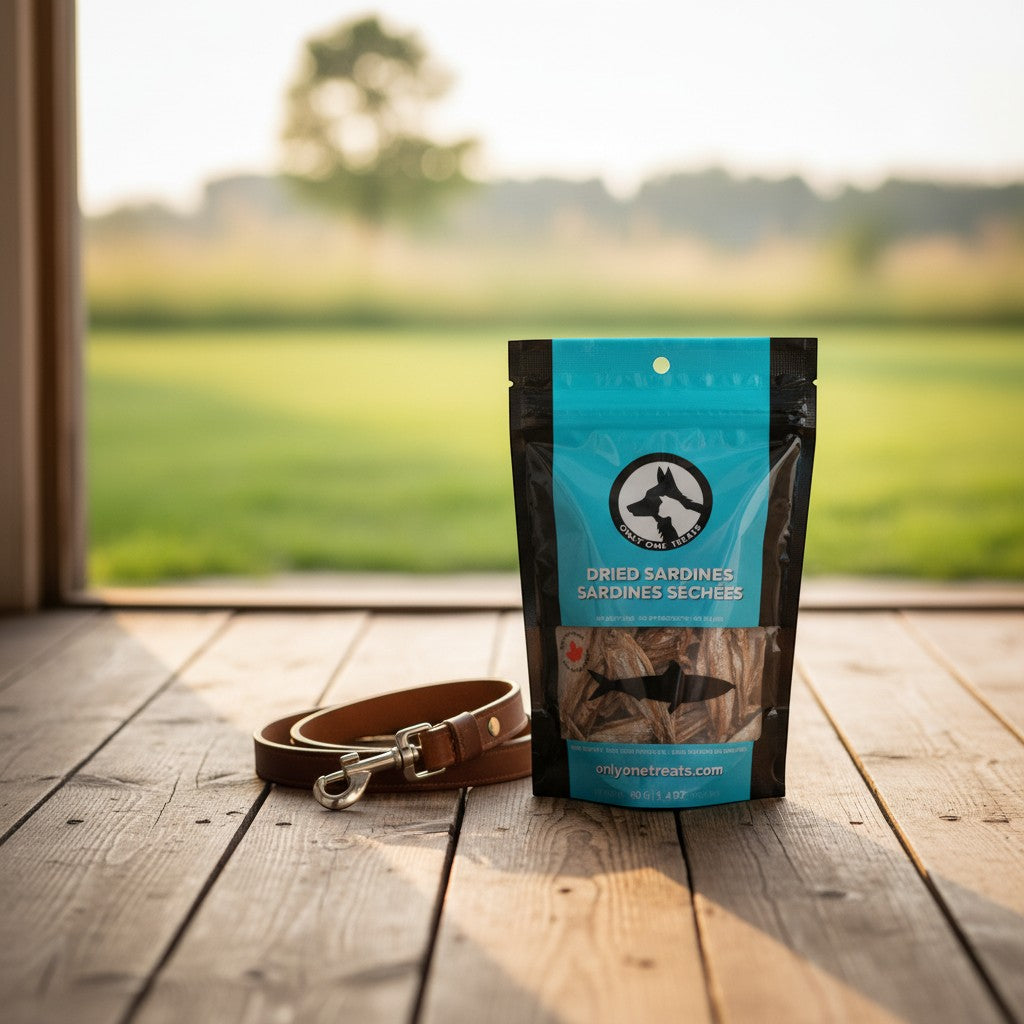 Oh Canada Gifts dried sardine pet treats in a 40g bag next to a leather leash on a wooden deck at sunset.