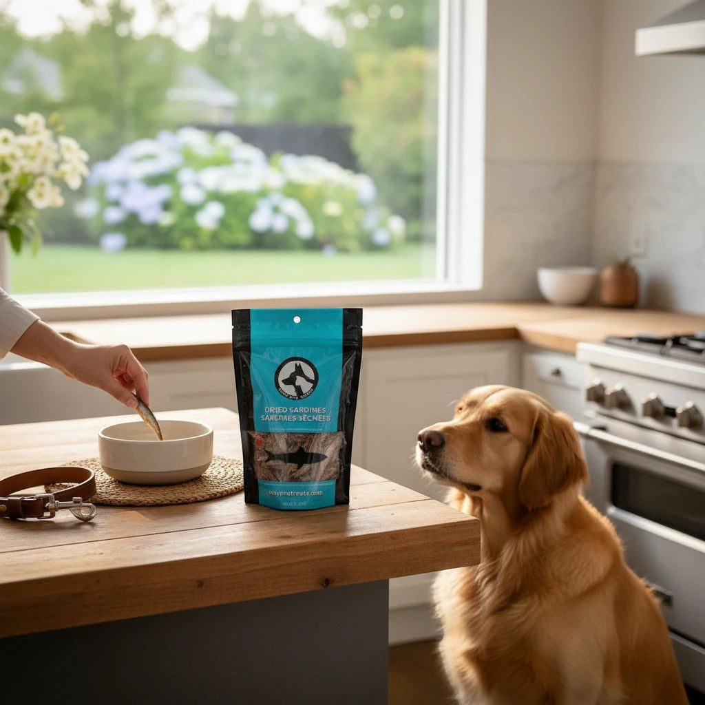 Oh Canada Gifts dried sardine treat bag on a kitchen counter with a golden retriever watching a hand serve a fish.