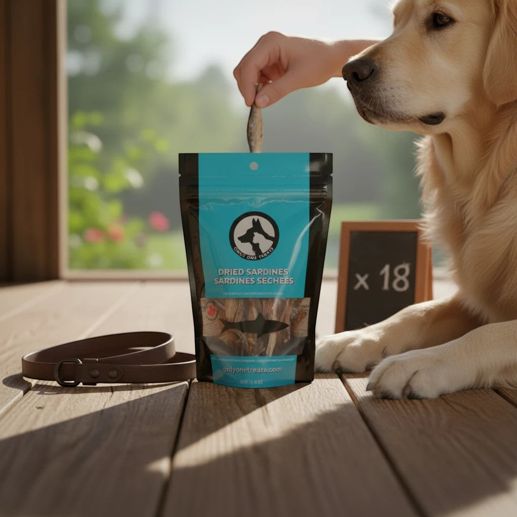 Oh Canada Gifts dried sardine pet treats in a bulk bag being fed to a golden retriever on a wooden deck