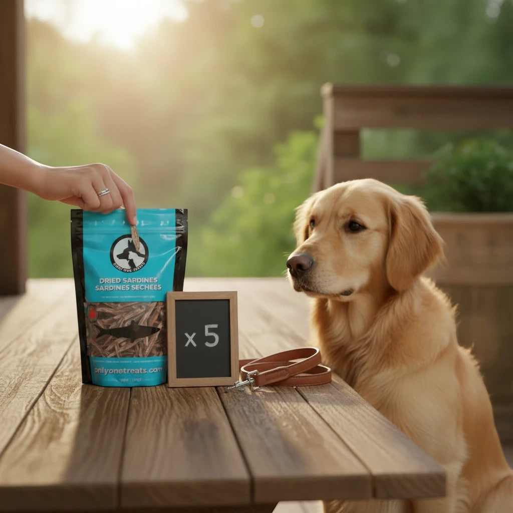 Oh Canada Gifts bulk case of five bags of dried sardines for dogs and cats, with a golden retriever waiting for a treat