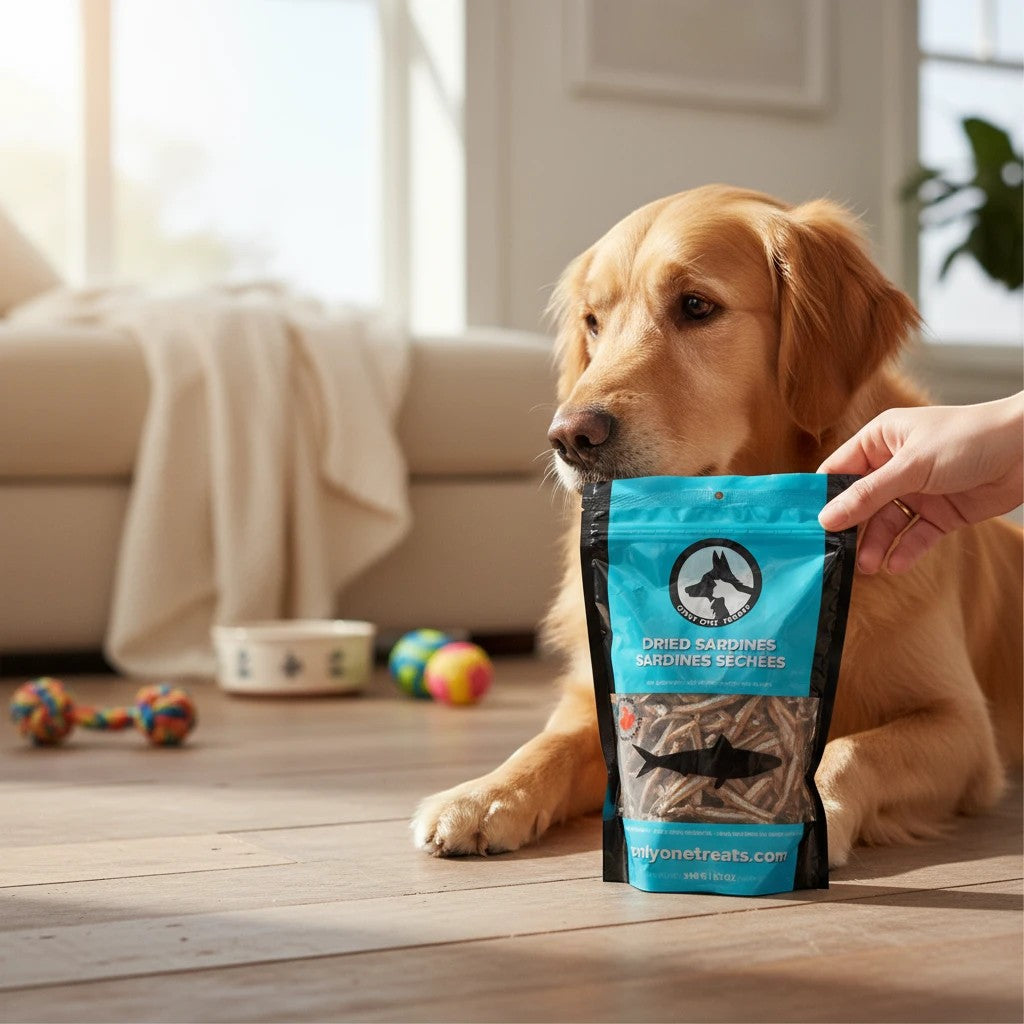 Oh Canada Gifts dried sardines pet treat bag held by a hand in front of a golden retriever dog in a living room