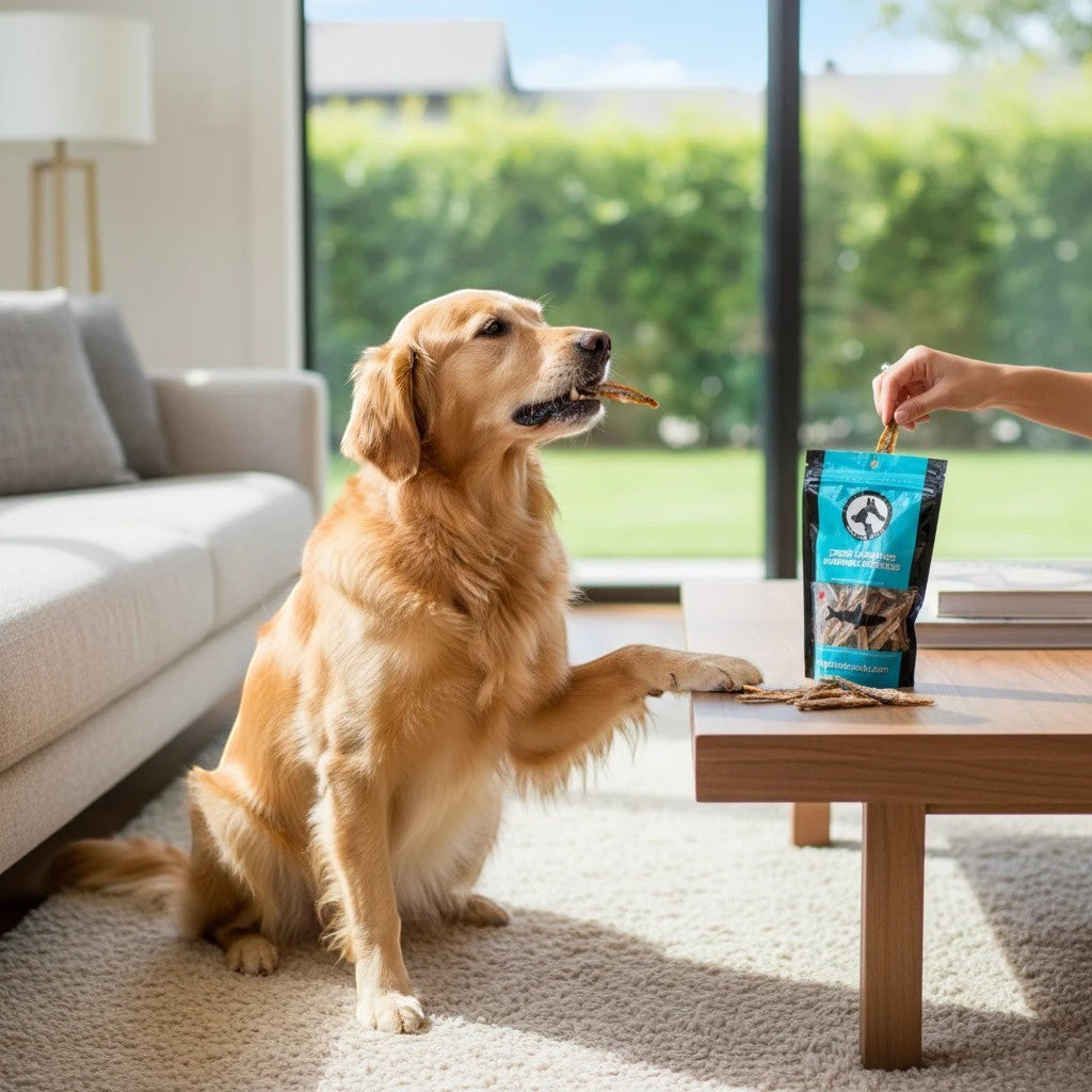 Oh Canada Gifts dried sardines treat being fed to a golden retriever sitting at a wooden table in a bright living room