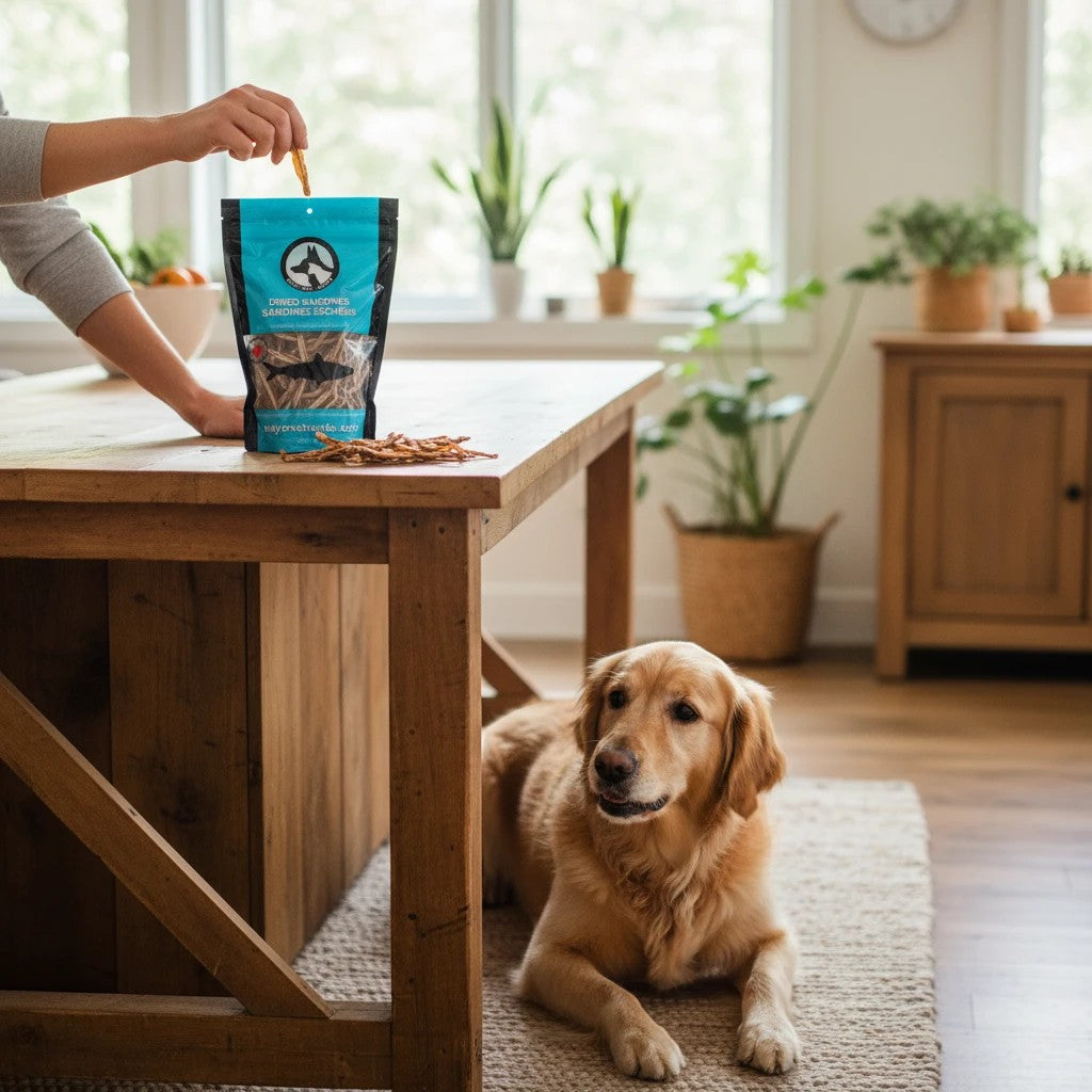 Oh Canada Gifts dried sardines for dogs and cats in a blue bag, with a golden retriever waiting on a wooden floor.