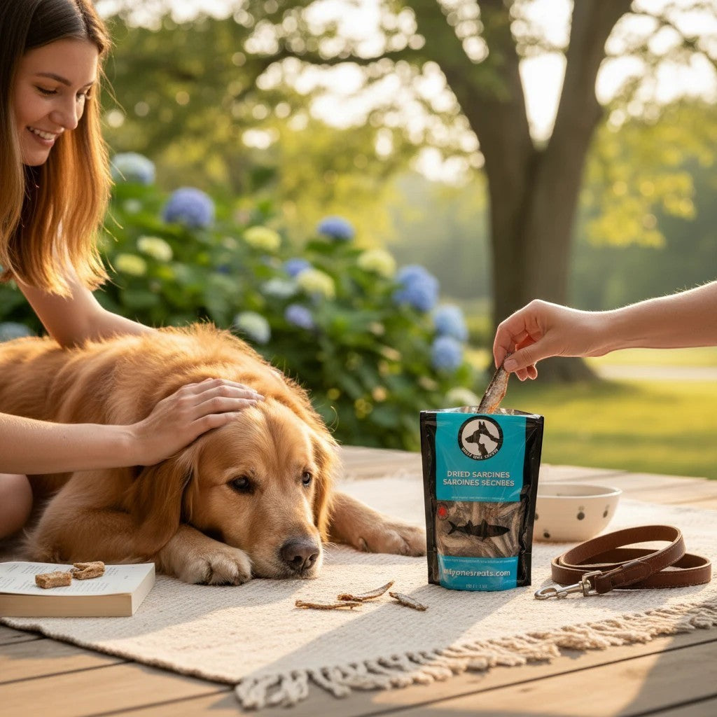 Oh Canada Gifts dried sardines treat bag next to a woman petting a golden retriever in a sunny outdoor setting