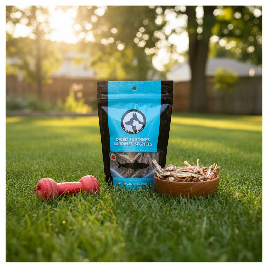 Oh Canada Gifts dried sardines treat bag with a wooden bowl of fish on grass next to a red dog toy