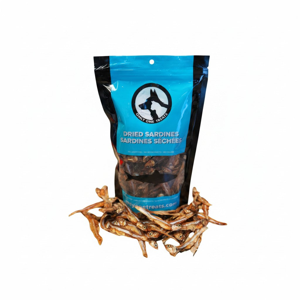 Oh Canada Gifts dried sardines for dogs and cats in a blue resealable pouch with a pile of whole dried fish treats.