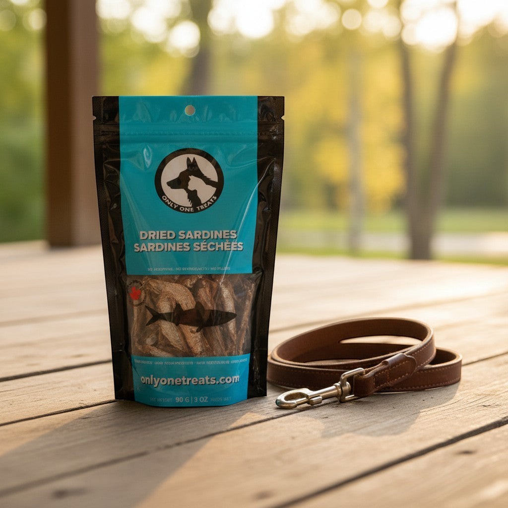 Oh Canada Gifts 90g bag of dried sardines for dogs and cats next to a brown leather leash on a wooden deck.