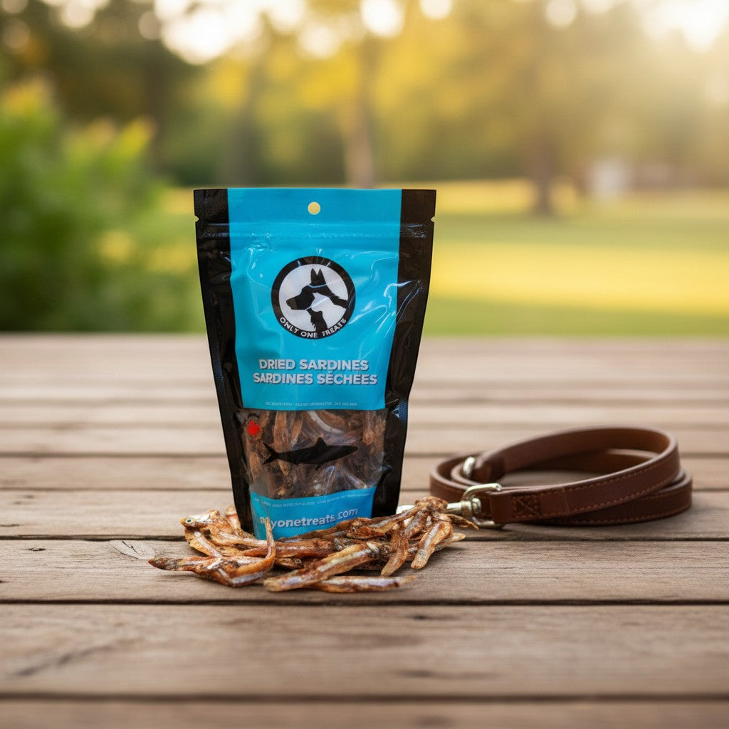 Oh Canada Gifts dried sardines dog and cat treats in a blue pouch with a leather leash on a wooden table.