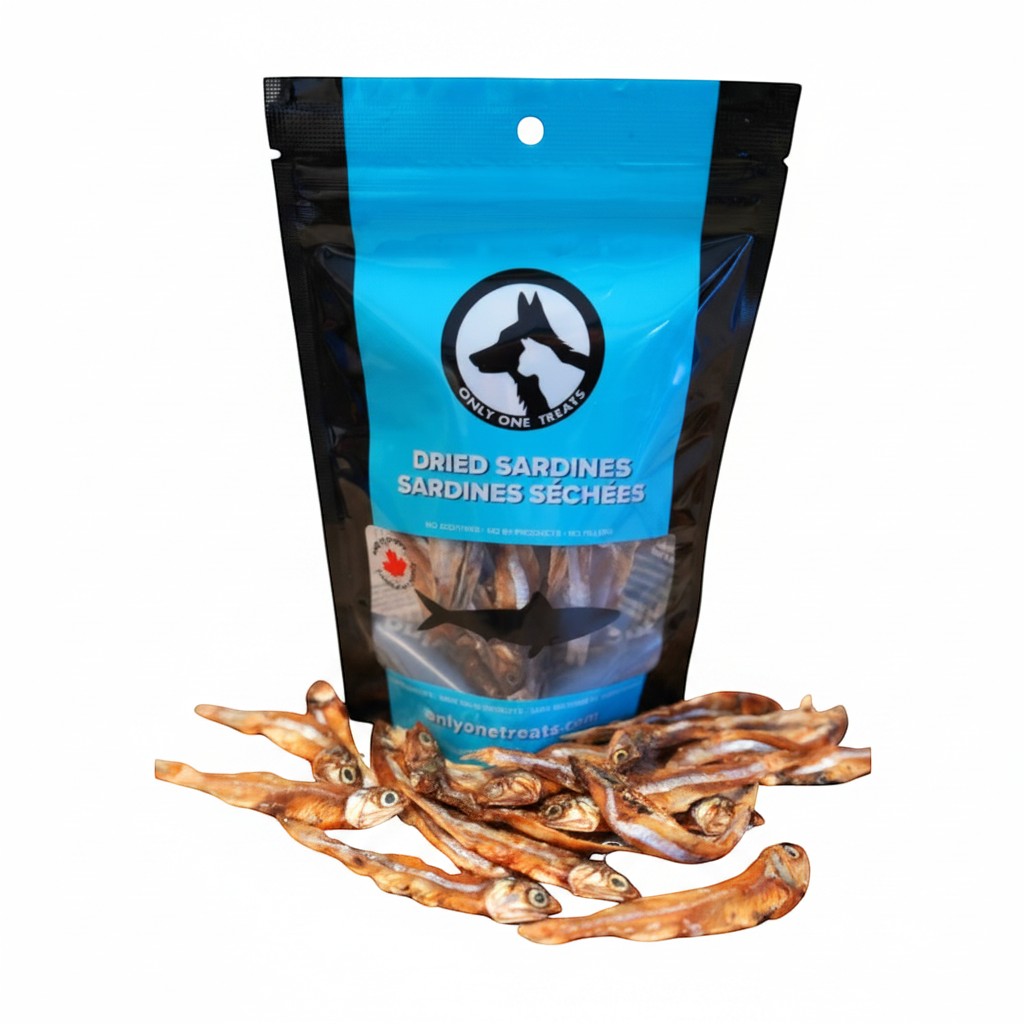 Oh Canada Gifts dried sardines dog and cat treats in a blue and black resealable bag with whole fish in front.