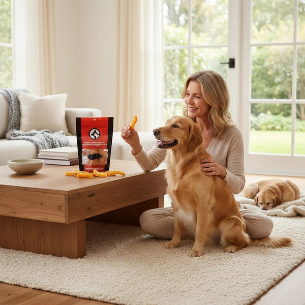 Oh Canada Gifts dried sweet potato dog treat slices being fed to a golden retriever by a woman in a cozy living room