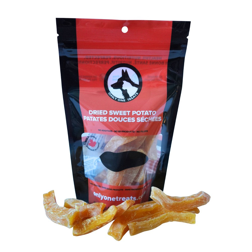 Oh Canada Gifts dried sweet potato slices for dogs in a black and red resealable pouch with a clear window