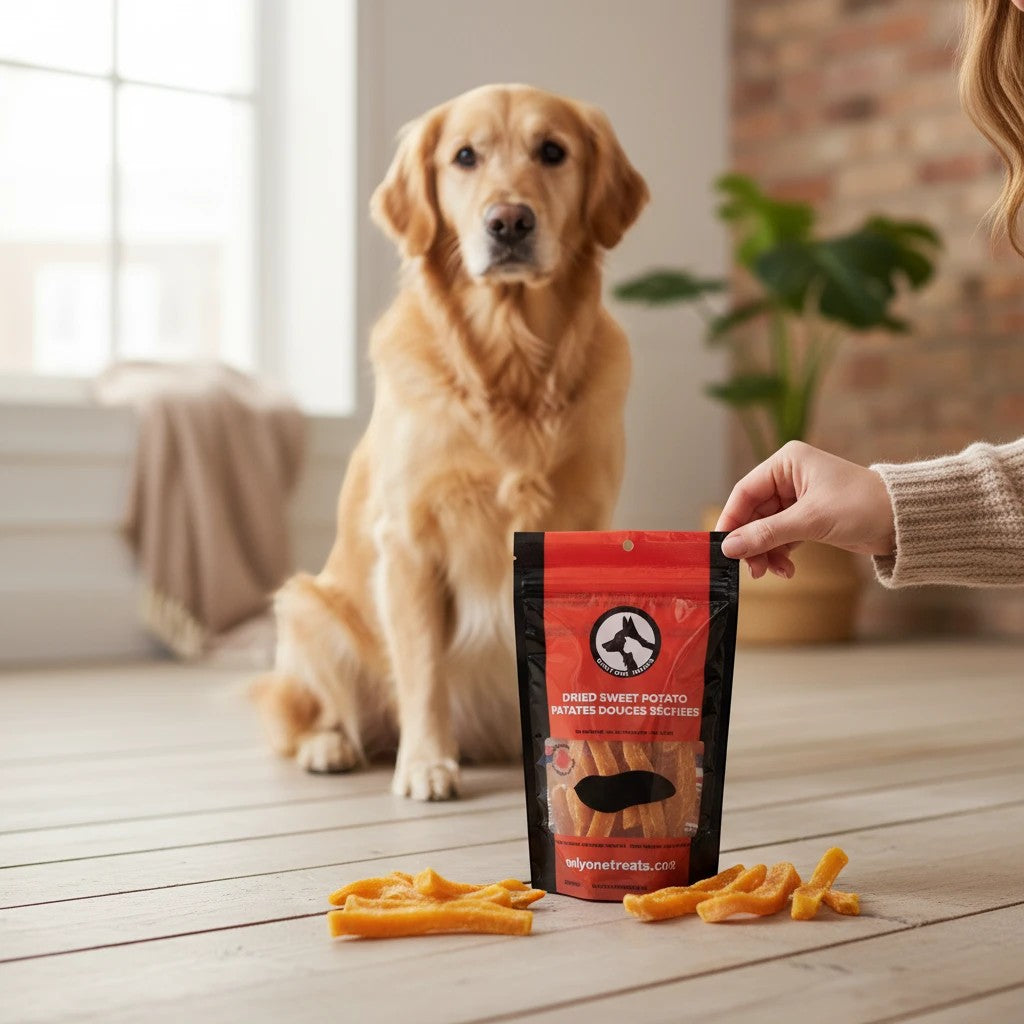 Oh Canada Gifts dried sweet potato dog treat bag with a golden retriever sitting in the background