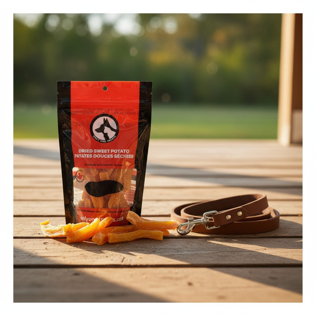 Oh Canada Gifts dried sweet potato slices for pets in a resealable bag with a brown leather leash on a wooden deck