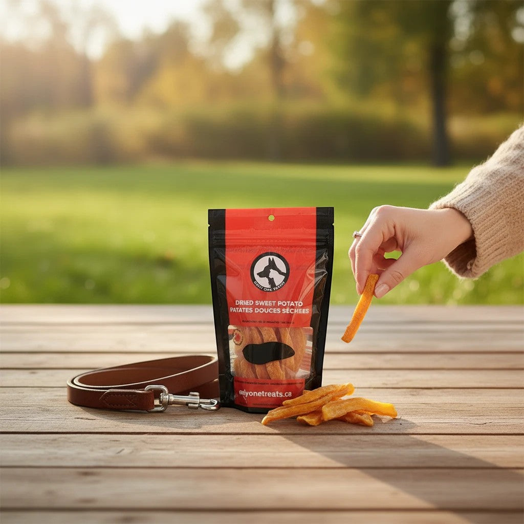 Oh Canada Gifts dried sweet potato slices for pets in a red pouch on a wooden table with a leather leash