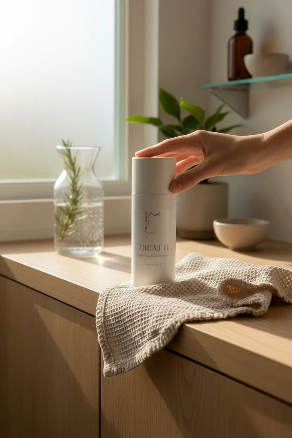 Oh Canada Gifts Treat It dry clay and herb face mask bottle on a wooden counter with a textured cloth.