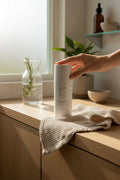 Oh Canada Gifts Treat It dry clay and herb face mask bottle on a wooden counter with a textured cloth.
